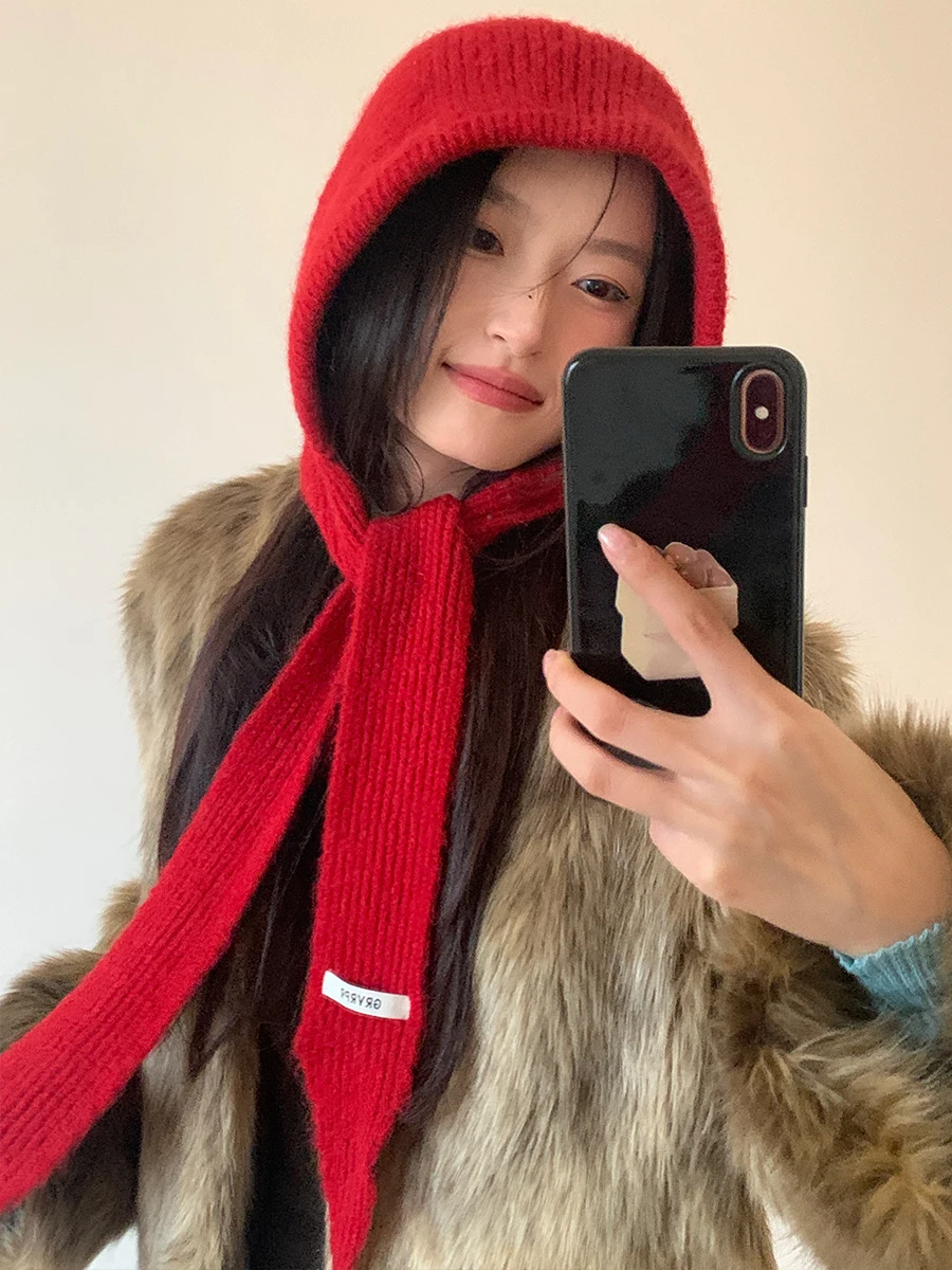 Gorro rojo de lana para Navidad y Año Nuevo, bufanda de una pieza para mujer, bufanda tejida para el cuello, pasamontañas con capucha