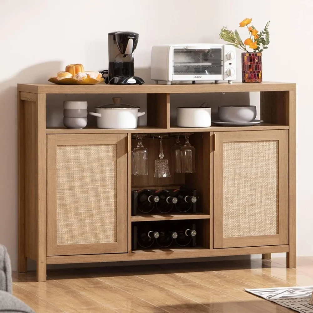Coffee Bar Cabinet, 51" Rattan Sideboard Buffet Cabinet with Storage, Boho Farmhouse Liquor Cabinet with Wine Racks Credenza