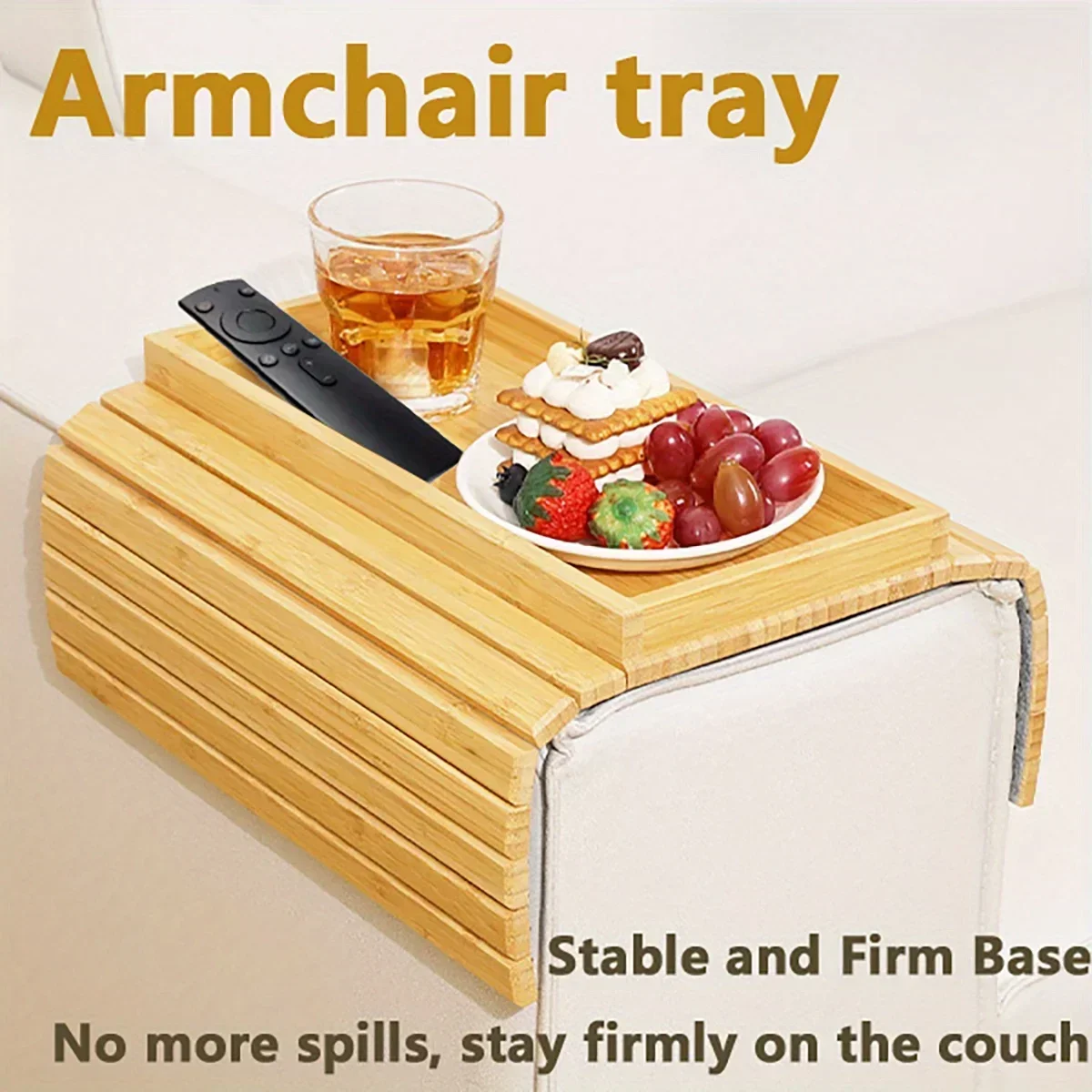 Sofa Armrest Tray Collapsible Bamboo Sofa Armrest Table, Non-slip Sofa Armrest Tray with Cup Holder, Snack Side Table