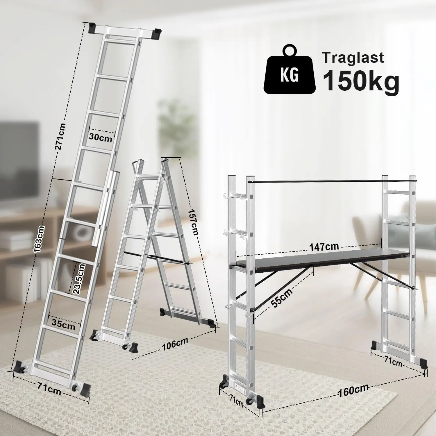 Scala multifunzionale in alluminio 4 in 1, 6 + 6 gradini, mobile con piattaforma, 2 ruote, ponteggi da lavoro, carico massimo 150 kg, argento.