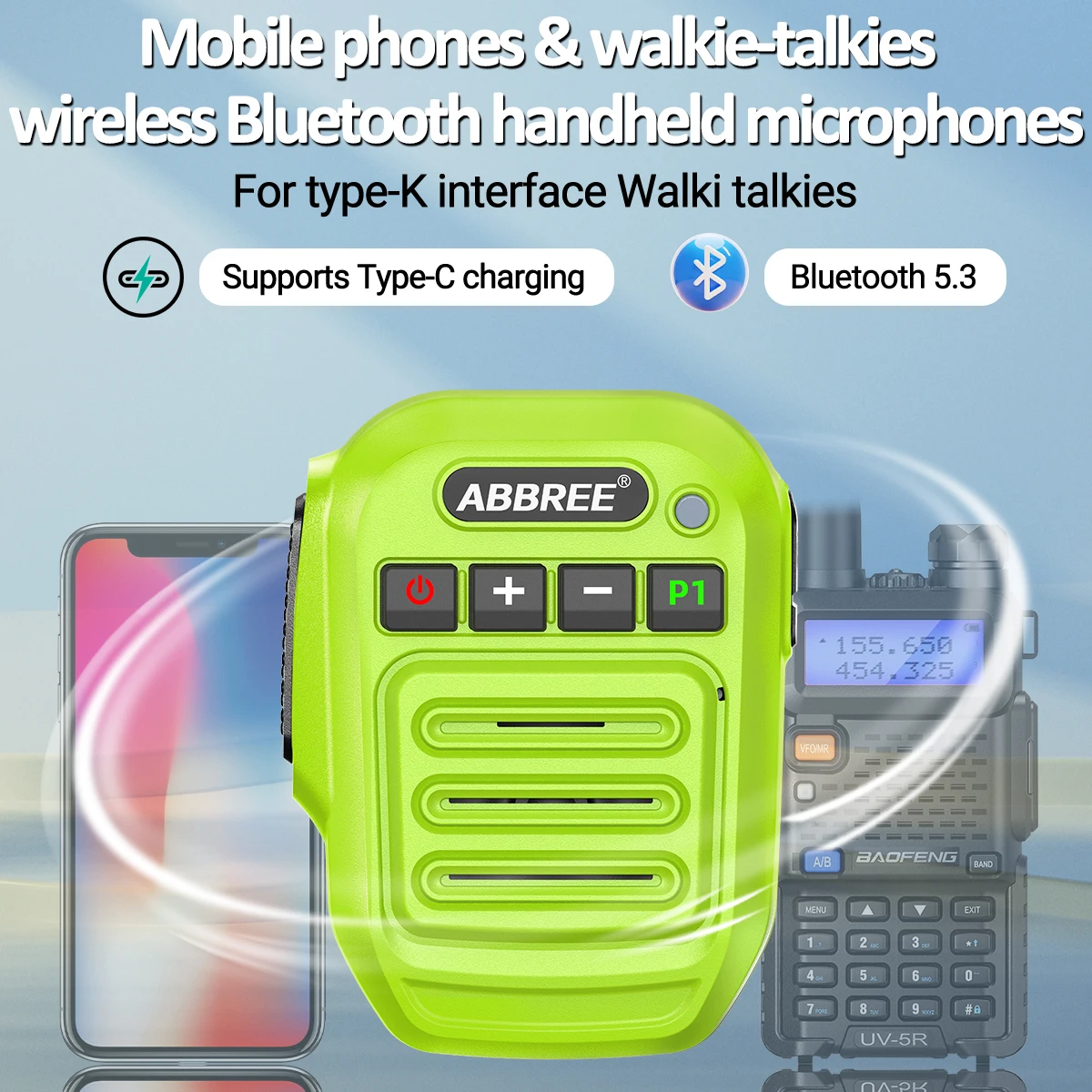 ABBREE Walkie Talkie Bluetooth Bezprzewodowy mikrofon z głośnikiem do Baofeng UV-5R UV-5RH UV-21 PRO V2 Quansheng UV-K5 (8) UV-K6 Ham Radio