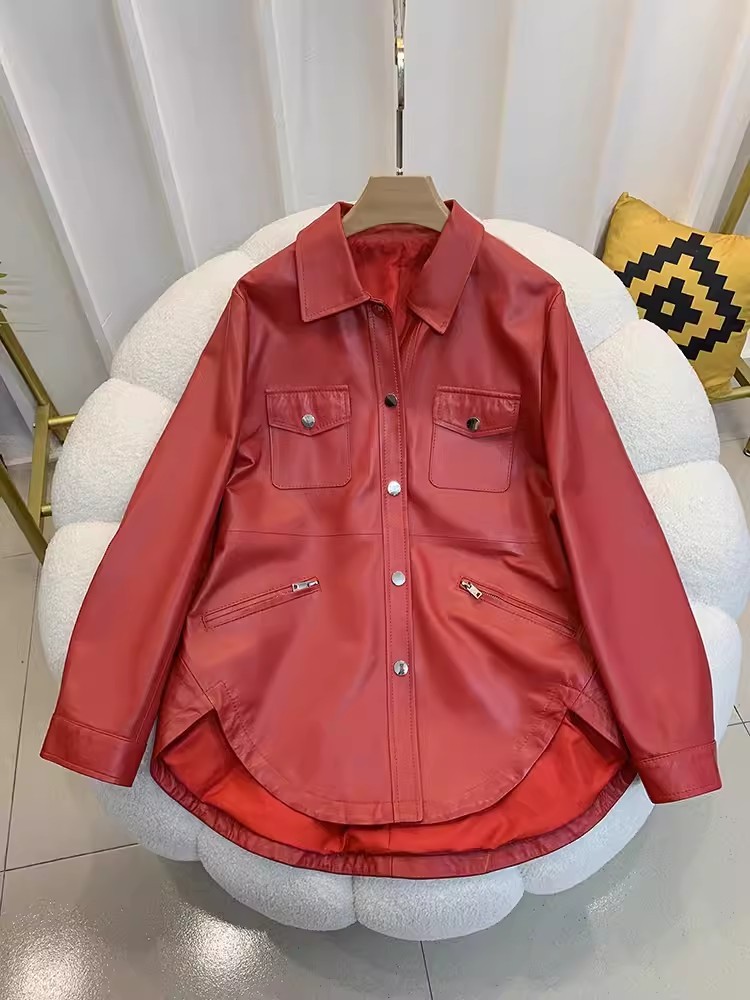 ฤดูใบไม้ผลิใหม่ผู้หญิงของแท้หนังแฟชั่นแขนยาว Turn-Down COLLAR ขนาดกลางยาวเดี่ยว Breasted Casual Sheepskin Coat