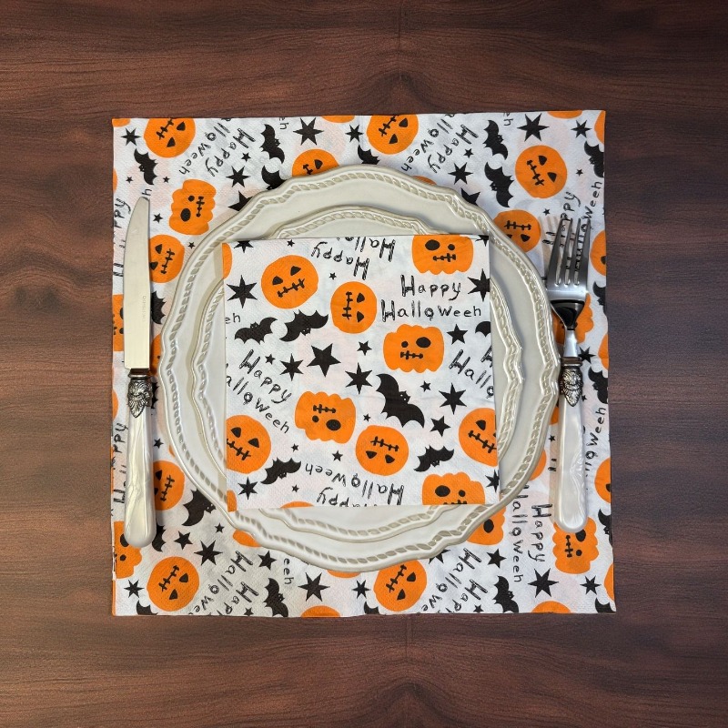 20pcs 33cm 2Layer Full Print Halloween Party Tissue Pumpkin Bat Printed Napkins DIY Decoupage Paper