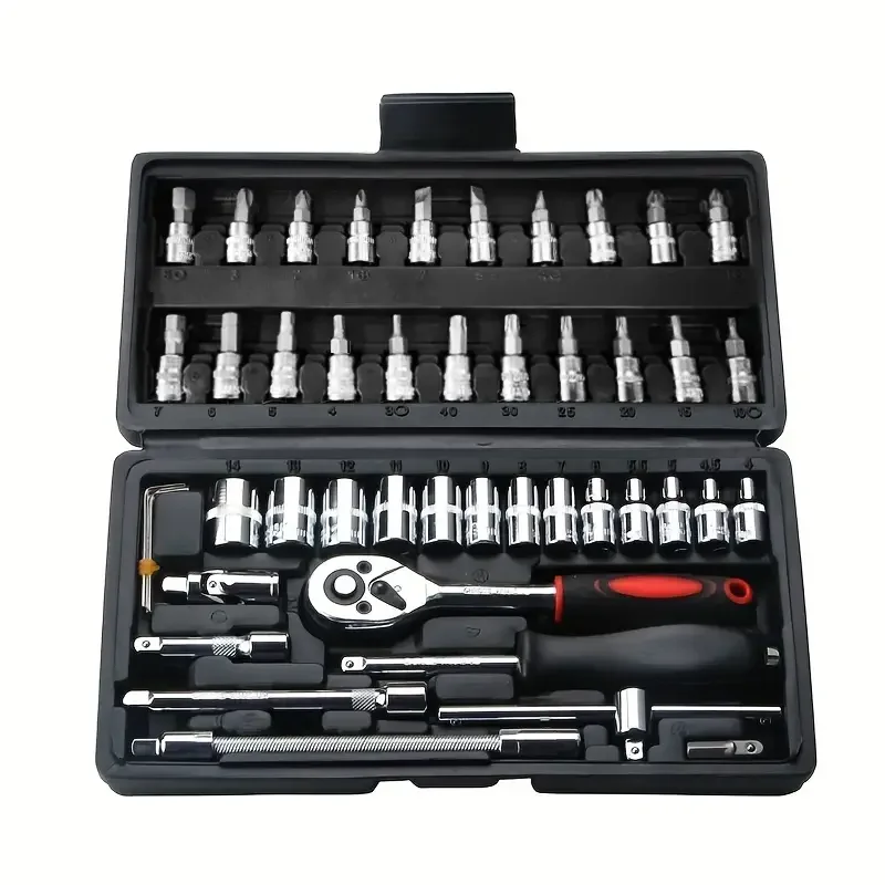 Hi you: 46 piece car repair tool kit: ratchet torque wrench, wrench, screwdriver, socket set combination - perfect for bicycle a