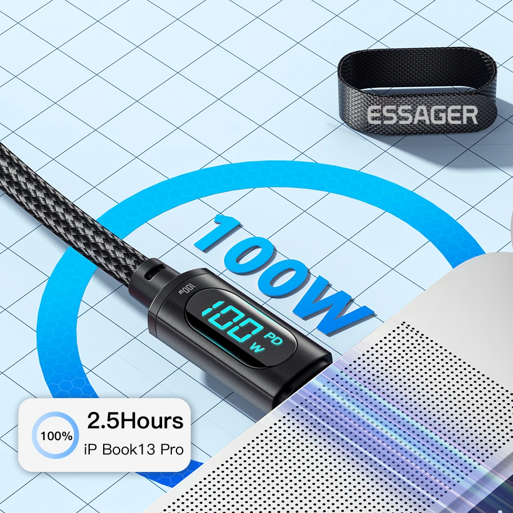 Essager Cavo da Tipo C a Tipo C Caricatore di Ricarica Veloce PD da 100 W Cavo Display da USB C a USB C per Xiaomi POCO F3 Realme MacBook iPad