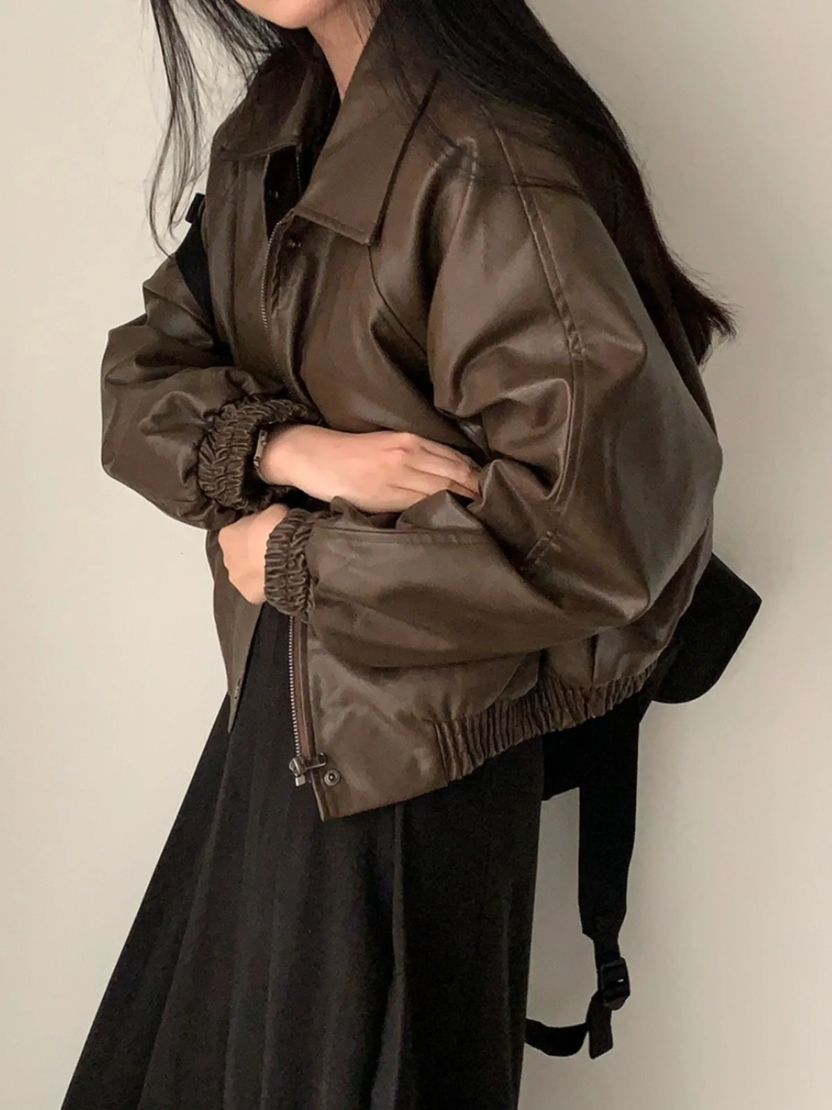 Jaqueta Fena de Couro Forrada com Lã para Inverno, Manga Longa Solta, Gola Dobrável, Estilo Retrô Faion Hong Kong, Casa...