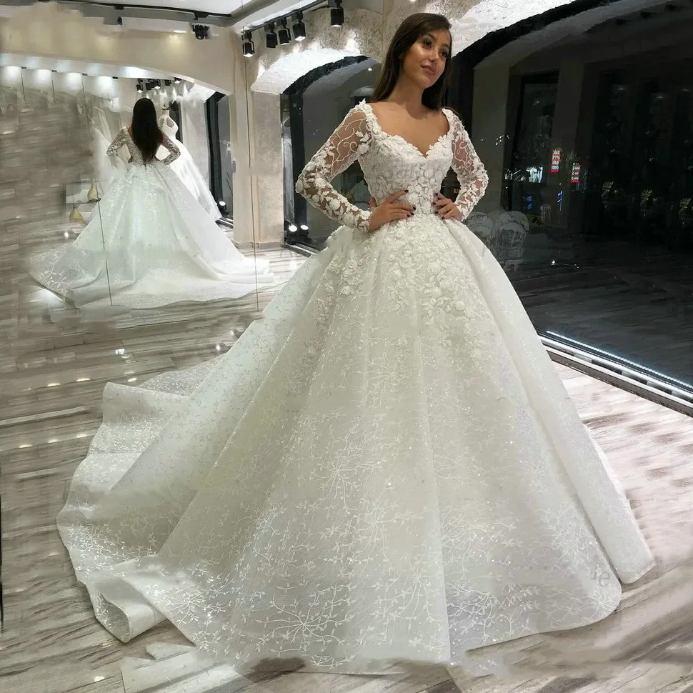 Vestidos de casamento de renda de luxo personalizados mangas compridas 2024 robe de mariage frisado appliqued vestido de baile vestidos de noiva