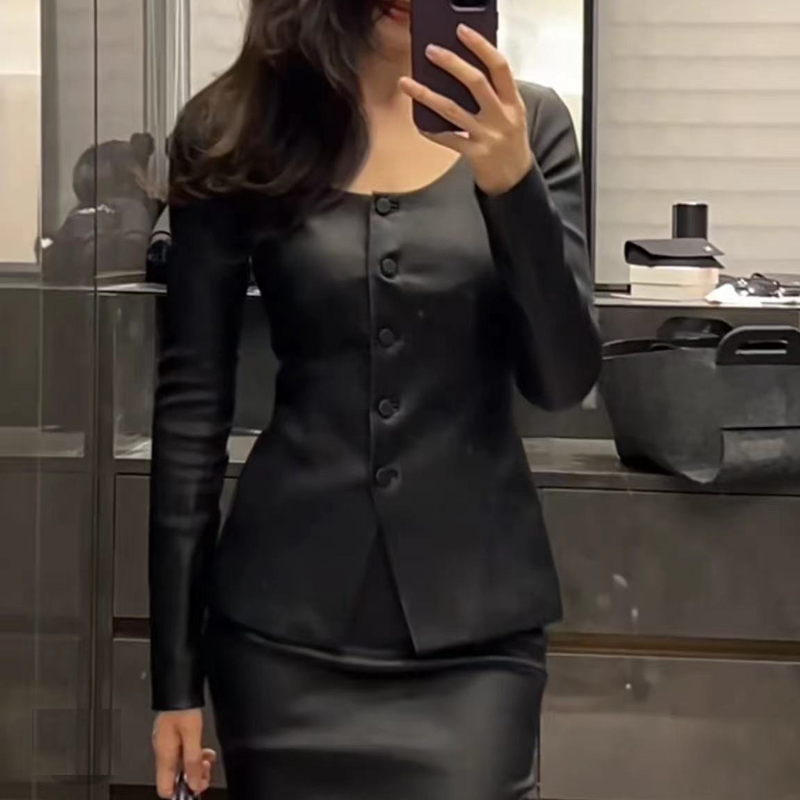 Cardigan de pele de carneiro genuíno para mulheres, jaqueta de couro stretch, roupas apertadas luxuosas, tops com gola em U, V Hem, couro genuíno, 2024