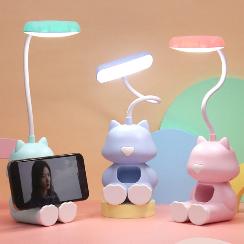 Kreative süße Katze, flexible LED-Studien-Schreibtischlampe mit Telefonhalter, Nachttischlampe, Farbanpassung, Tischlampe für Kinder, Studentenzimmer