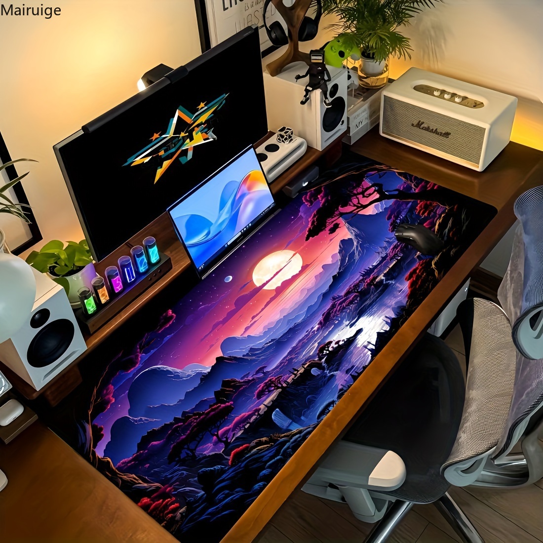 Alas Mouse Gaming Karet Anti Selip Besar Alas Mouse Pemandangan Sakura Bulan Alas Meja Tahan Lama Tepi Jahitan Tebal Cocok untuk Gaming Kantor