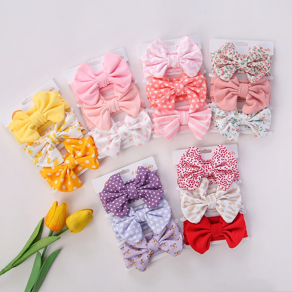 3 Teile/satz Nette Baumwolle Bögen Baby Stirnbänder Neugeborenen Ealstic Haarbänder Jungen Girsl Dot Gestreiften Blume Drucken Kinder Headwraps