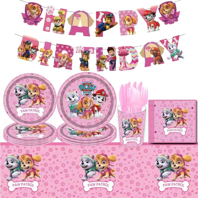 Nueva decoración de fiesta de cumpleaños Skye Paw Patrol, vajilla canina rosa, platos de papel, vasos, servilletas, suministros de globos para fiesta temática Skye