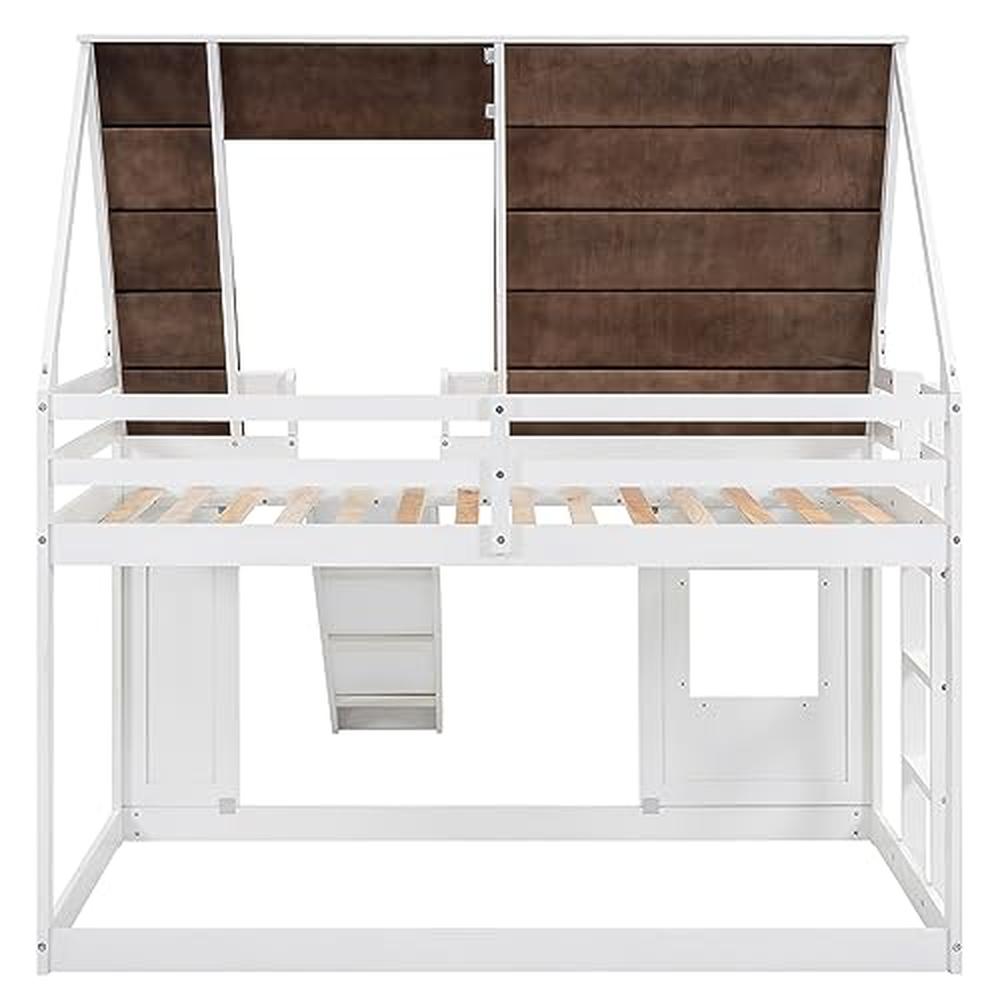Wooden Twin Bunk Beds with Slide and Playhouse Design White Pine Wood Low Bunk Bed