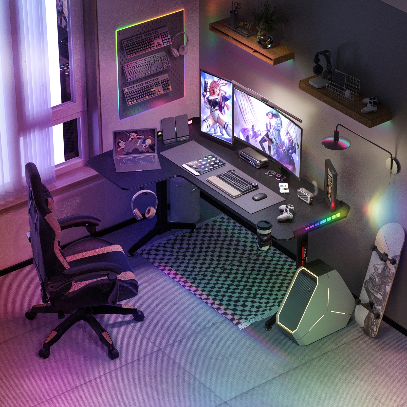 XXXL scrivania da gioco ad angolo grande tavolo per Computer da gioco a forma di L tavolo illuminato a LED RGB con portabicchieri e gancio per cuffie