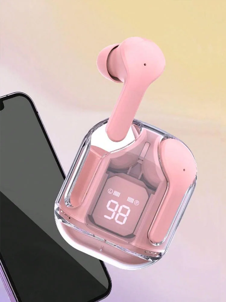 Fones de ouvido intra-auriculares sem fio Bluetooth, compartimento de carregamento digital modelo transparente, fones de ouvido esportivos com cancelamento de ruído