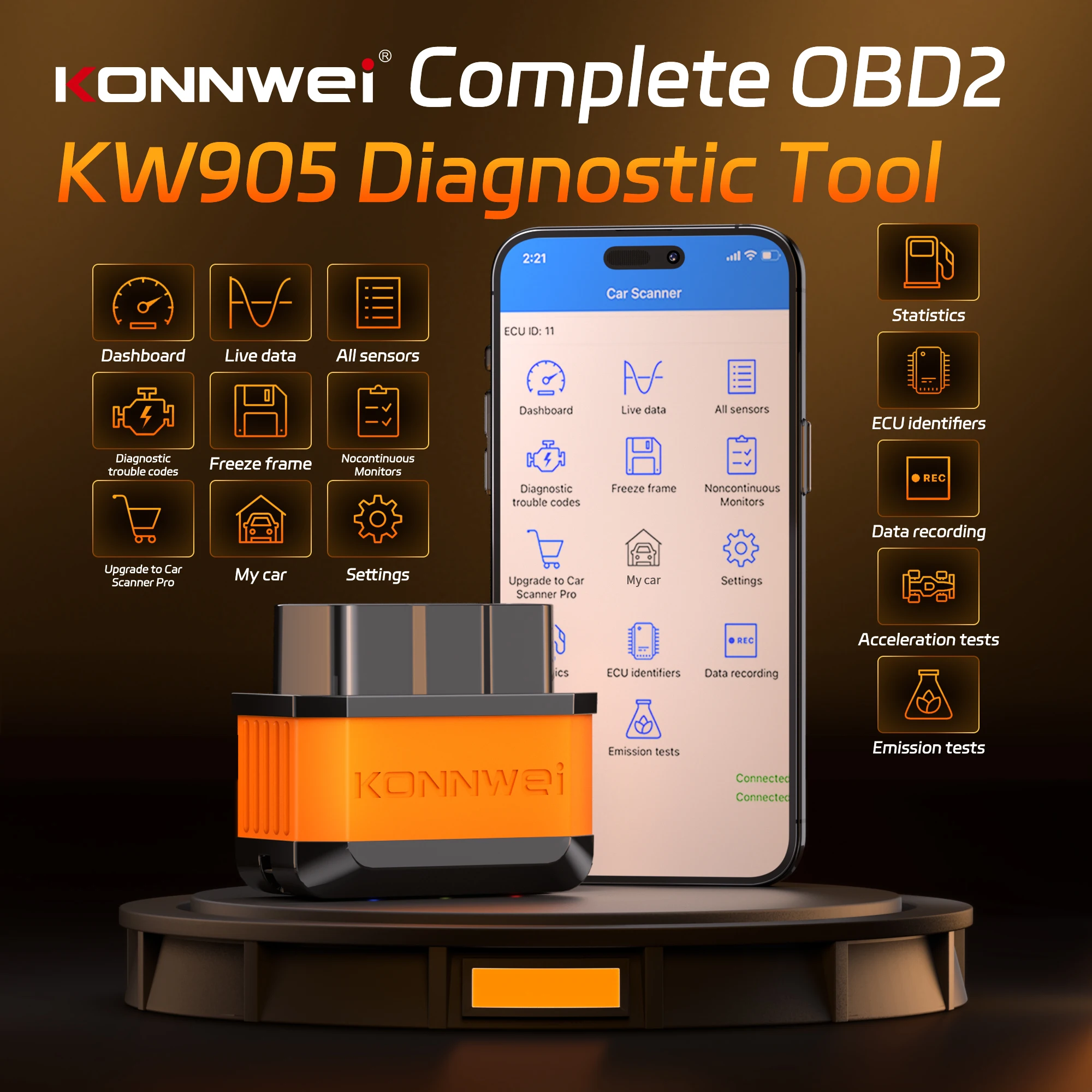Konnwei kw905 elm327 obd2 scanner bluetooth 5.0 ferramenta de scanner de falhas do motor obdii leitor de código ferramenta de diagnóstico para android/ios