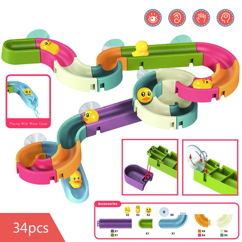 ของเล่นอาบน้ําเด็ก DIY Marble Race Run ประกอบติดตามห้องน้ําอ่างอาบน้ําเด็กเล่นสเปรย์น้ําชุดของเล่นซ้อนถ้วยสําหรับเด็ก