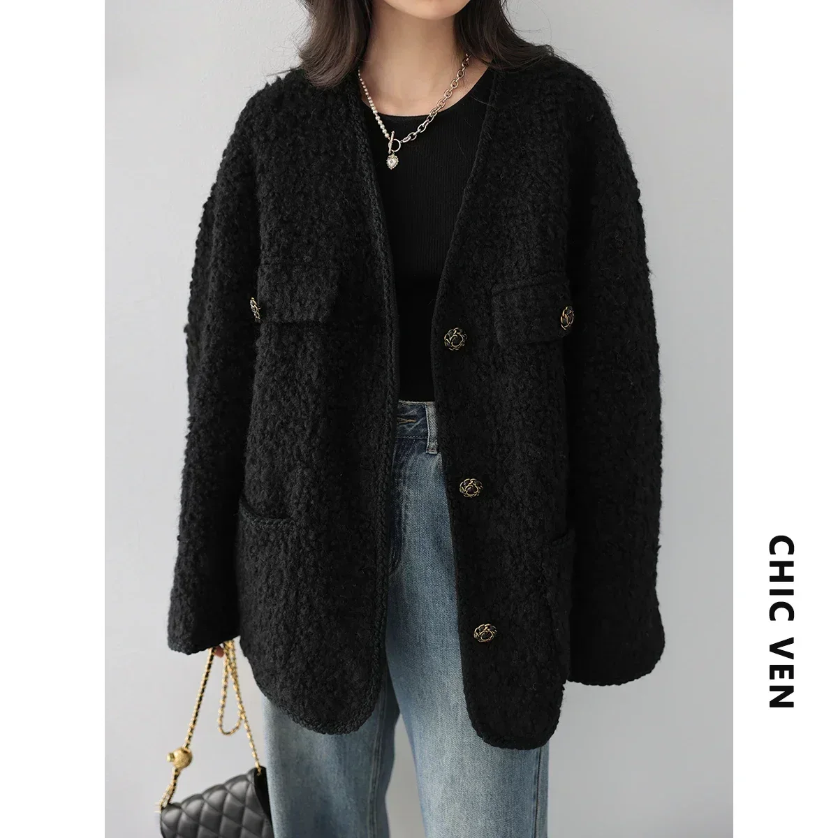 Chique ven casaco de lã feminino indústria pesada para baixo jaqueta vintage com decote em v mulher para baixo casaco feminino topos outono inverno 2024
