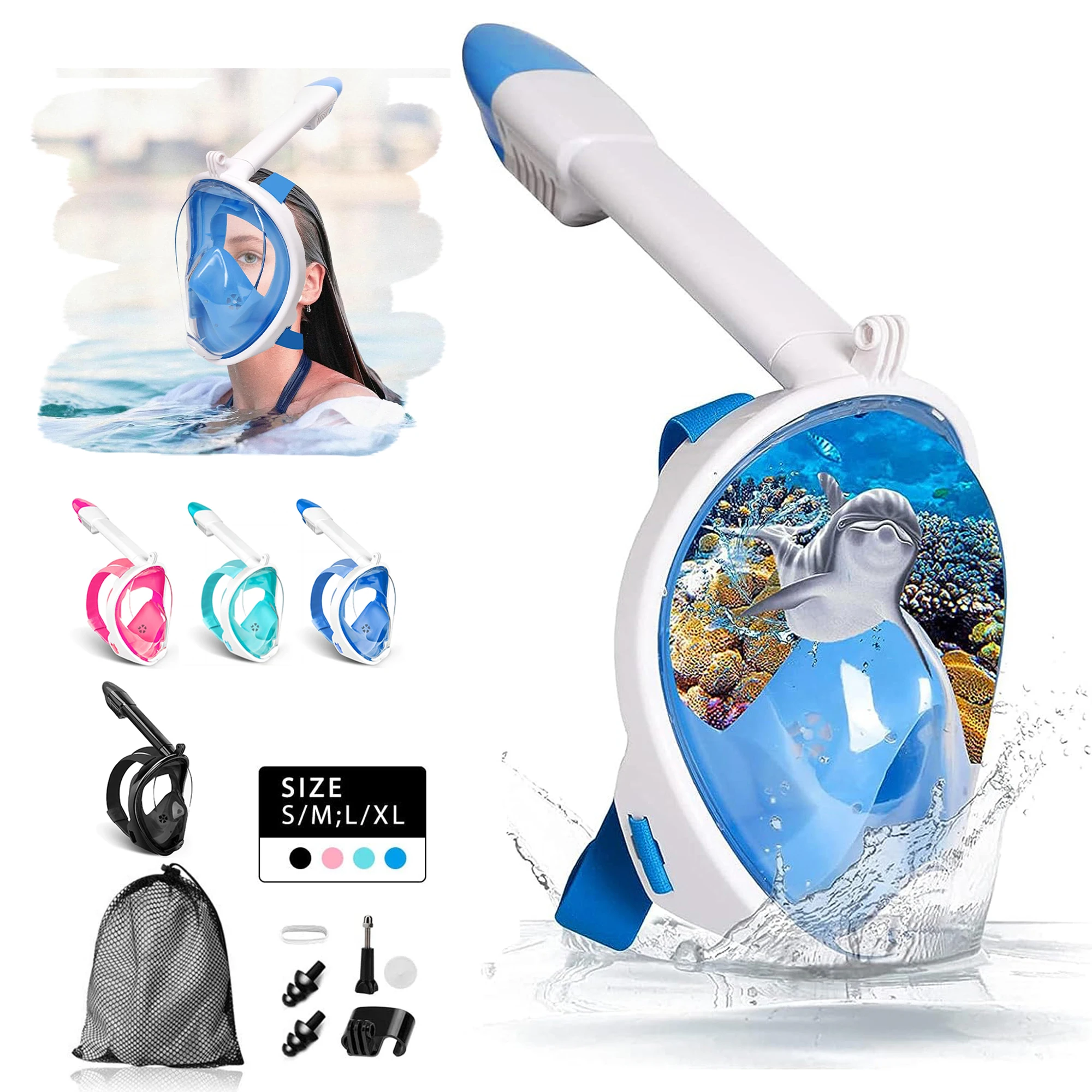 Máscara de snorkel de cara completa para adultos, adecuada para principiantes, equipo de snorkel superior seco, vista panorámica de 180 grados, antivaho y antifugas