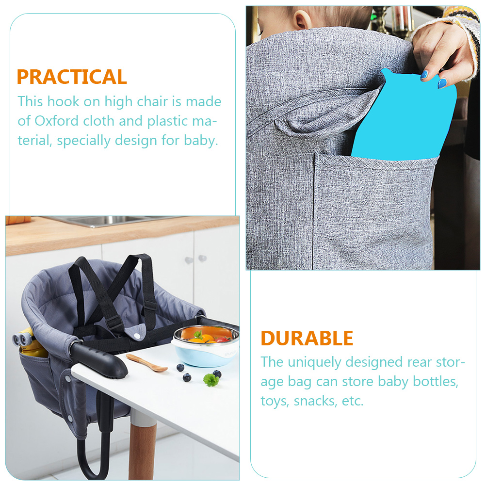 ตะขอเก้าอี้สูงเก้าอี้โต๊ะรับประทานอาหารเด็กและผ้า Oxford สีเทาแบบพกพาที่แนบมาได้เดินทาง
