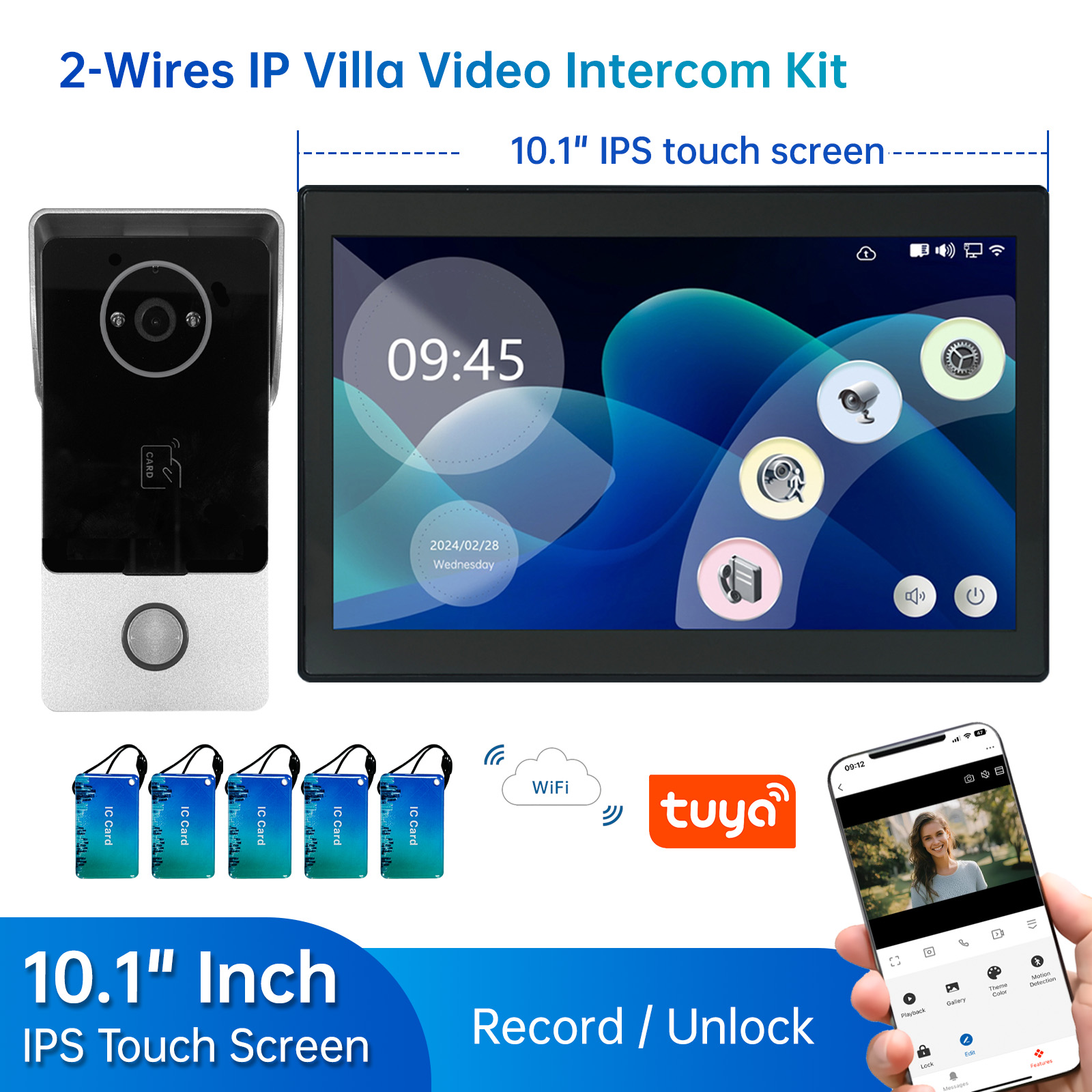 Um campainha de 2 fios intercom 7 "10" lcd vídeo porteiro telefone wifi rfid visão noturna 1080p vigilância tuya para villa casa d4b