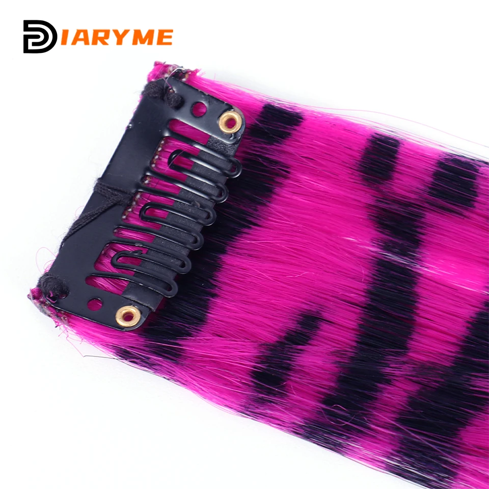 Extensão de cabelo sintético com uma cartão, peruca longa e reta com prendedor colorido de linha zebra, extensões de cabelo de penas, cabelo falso