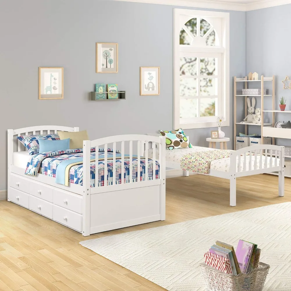 Twin Over Twin Bunk Bed with Twin Trundle, 3 Storage Drawers, Safety Rail, and Removable Ladder, Can be Separated into 3 Bed