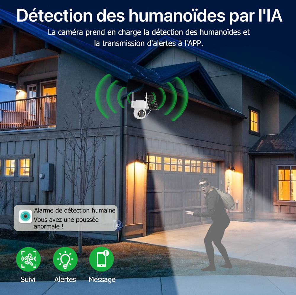 ICsee Andrea Caméra de vidéosurveillance solaire extérieure sans fil, batterie intégrée, 4MP, HD, WiFi, PTZ, PIR, détection humaine