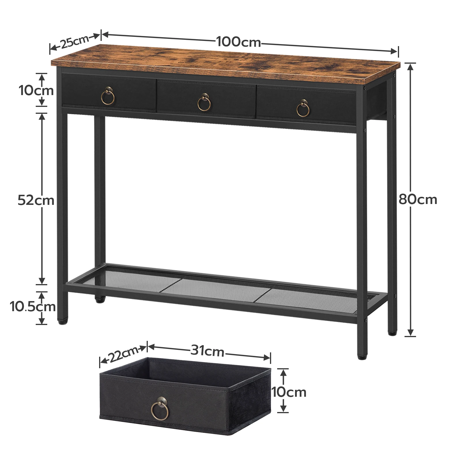 Table console de salle de bain OBRO, table d'entrée étroite avec 2 étagères de proximité, table de canapé d'entrée pour salon, étagère de couloir