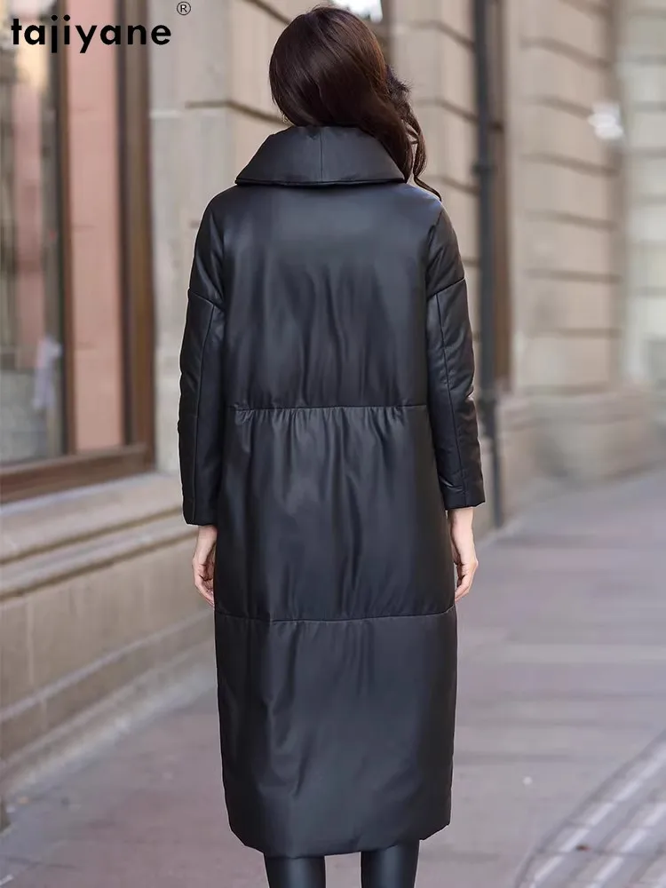 Tajiyane-女性用の本革カジュアルジャケット,白いダックダウンコート,長いシープスキンジャケット,暖かいパーカー,スタンドカラー,冬