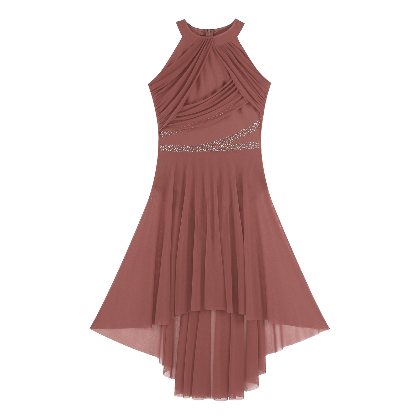 Modernes lyrisches Tanzkleid für Damen, High-Low-Tüll, Strass, Ballett, Gymnastik, Trikots, Eiskunstlauf-Performance-Kostüm