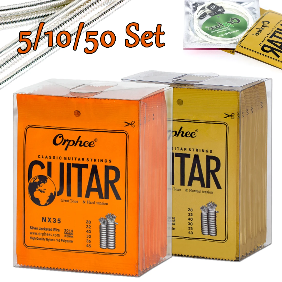 Juego de cuerdas de guitarra clásica Orphee, alambre Chapado en plata, cuerdas de nailon, serie NX, 6 unids/set para principiantes, parte de guitarra clásica, 10/50