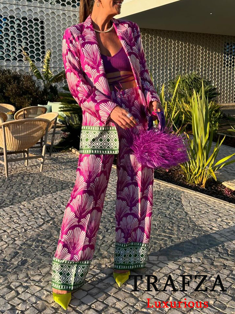 TRAFZA Vintage Chic Print Women Suit Single Breasted Slim Blazer Straight Loose Pants New Fashion 2024 Office Lady Sets