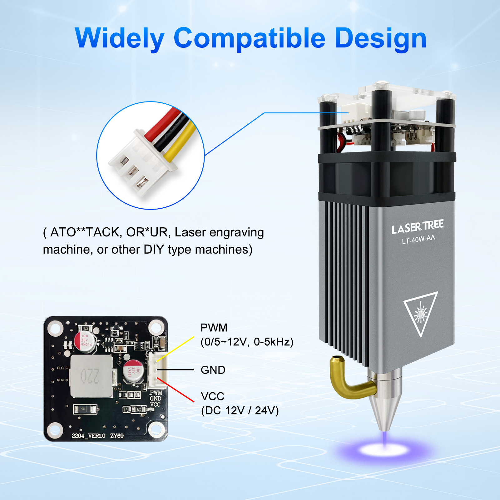 Cabeça de laser de foco fixo 5w, árvore a laser com bico de assistência de ar, módulo comprimido para gravador cnc, máquina de corte, ferramentas diy