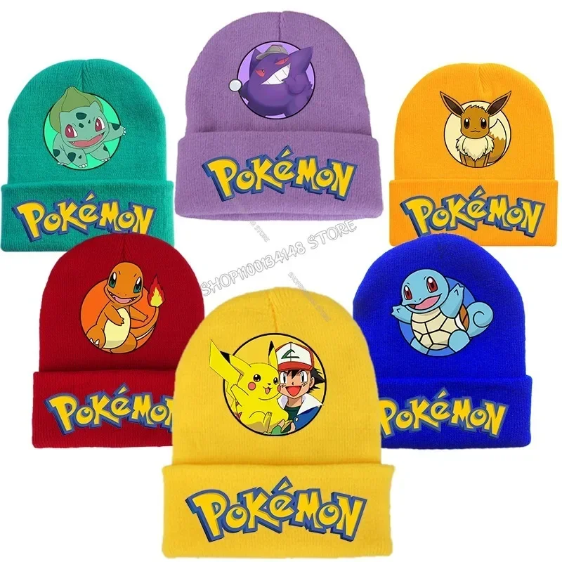 Pokemon Knitted Cap Headgear Pikachu Figure Winter Woolen Hat Cartoon Anime Skullies Beanies Boys Girls Bonnet Christmas Gifts