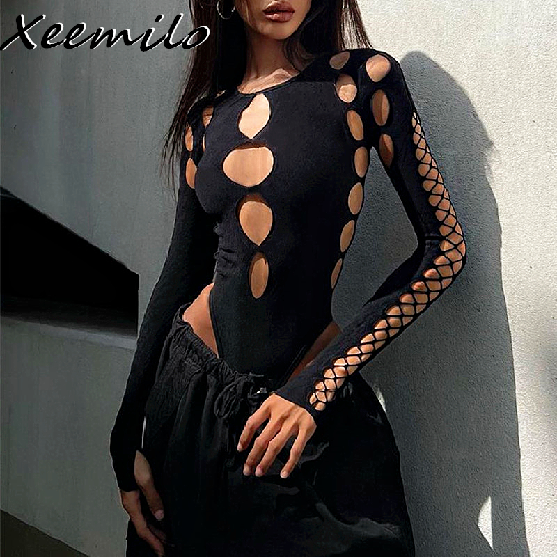 Xeemilo Sexy Dot Hollow Out Bodysuit Y2K Gothic Punk Lange Mouwen Bodycon T-shirt Vrouwen Herfst Streetwear Slanke Lijfje Body