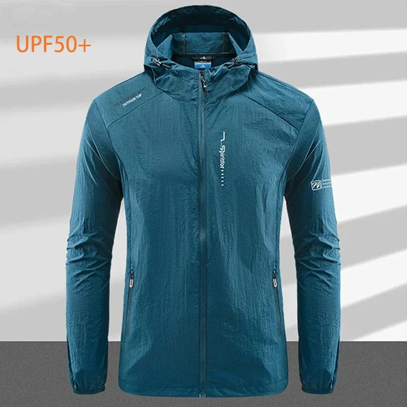 Masculino upf 50 + proteção uv blusão jaqueta de secagem rápida ao ar livre proteção solar fino caminhadas pesca ciclismo com capuz esporte luz