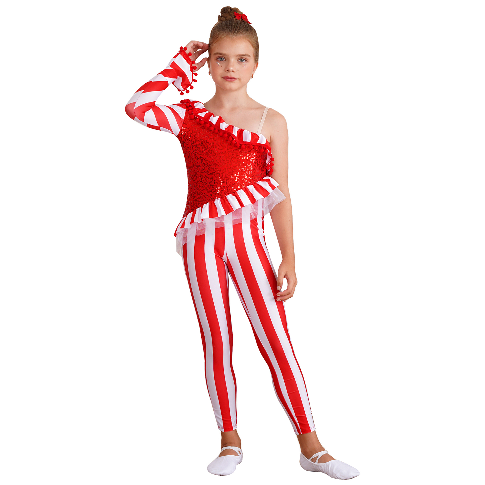 เด็กหญิง Candy Cane คริสต์มาสเต้นรำ Bodysuit Jumpsuit Unitard One ไหล่ Xmas Holiday Santa Sweetie เครื่องแต่งกาย Dancewear