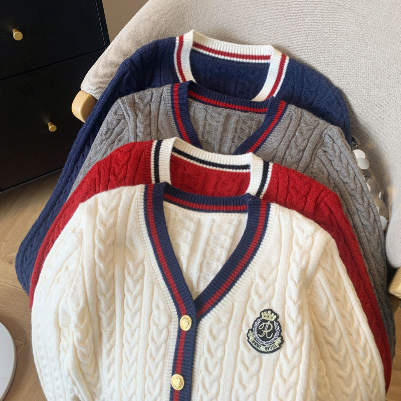 Cárdigan de manga larga tejido con cuello en V para mujer, suéter holgado informal con apliques de un solo pecho, estilo Preppy, Otoño e Invierno 2024
