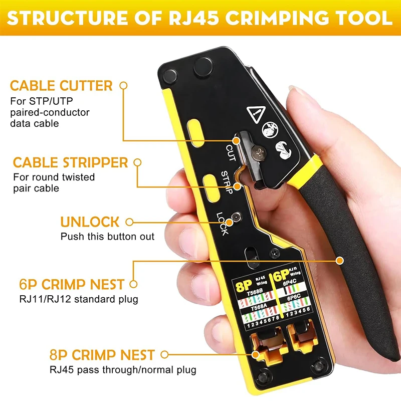 RJ45 Crimp Tool Pass Through Ethernet Crimping Tool for Cat6 Cat5 Cat5e RJ45 Connectors with Replacement Blade