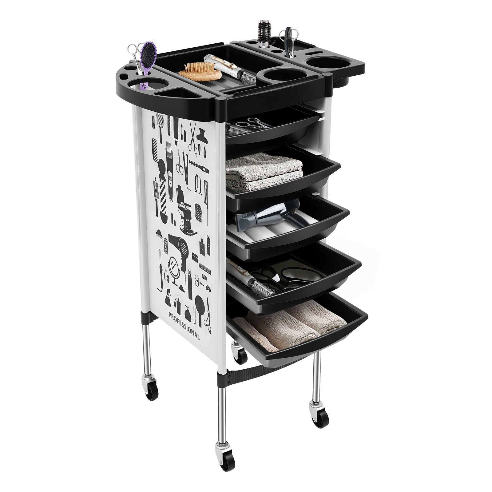 Friseurwagen, Barbershop-Arbeitsstation, Rollwagen, Salon-Aufbewahrungswagen mit 5 Schubladen, 55 x 36 x 90 cm