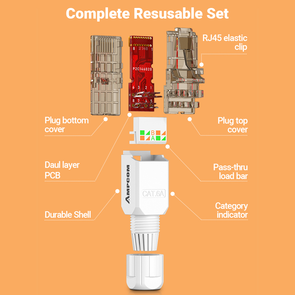 Herramienta de conector AMPCOM RJ45 gratis CAT6A CAT6 10Gbps UTP herramienta de enchufe Modular de campo Ethernet enchufes Lan de terminación reutilizables gratis 1 Uds