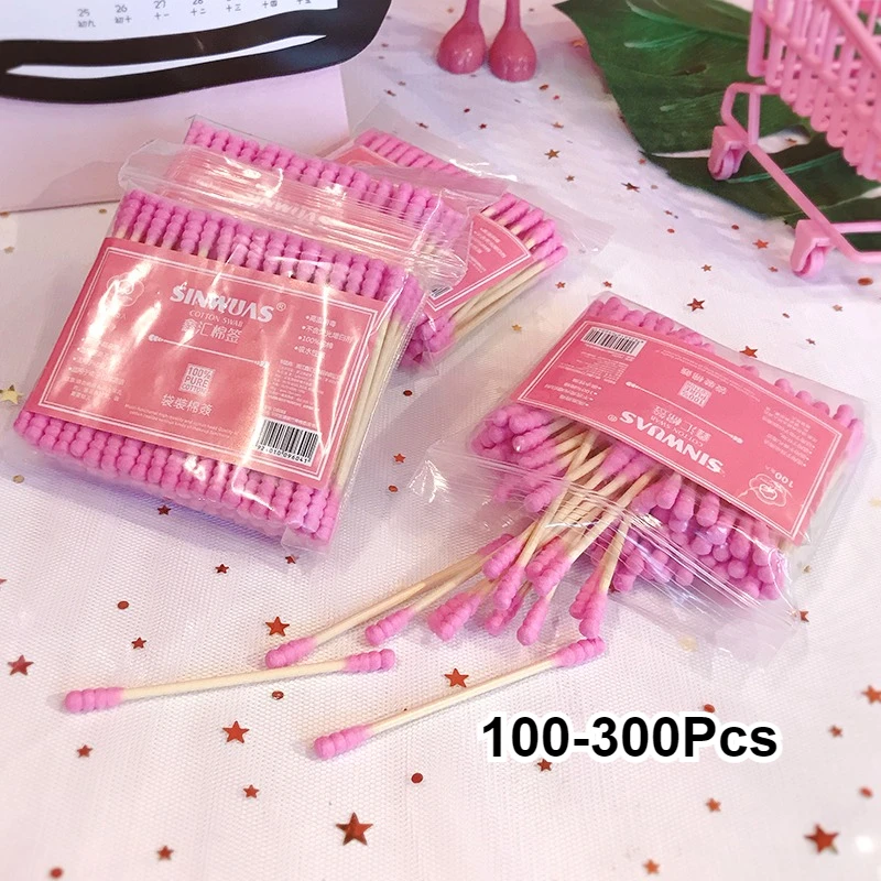 100-300 Uds. Hisopo de algodón de doble cabeza rosa, punta de bastoncillos de algodón para nariz médica, accesorios de limpieza de orejas, removedor de maquillaje femenino