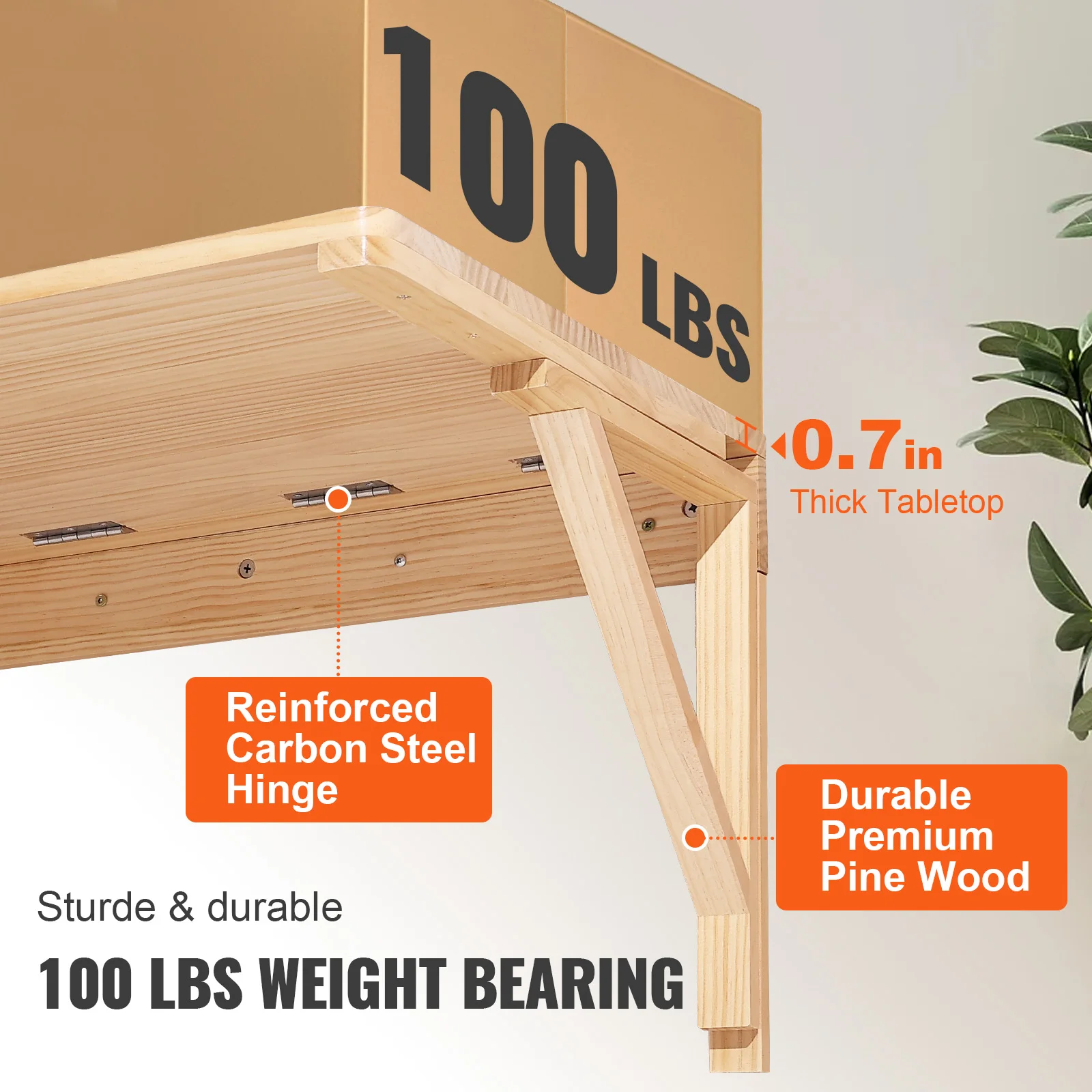 VEVOR Wall Mounted Folding Table Wall Mount Drop Leaf Table with Carbon Steel Bracket Wooden Desk for Dining Laundry Room Office