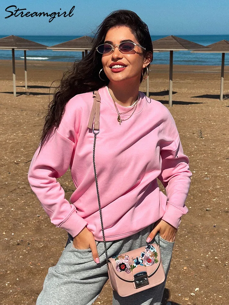 sudadera de algodón para mujer, Sudaderas blancas de gran tamaño con cuello redondo para mujer, sudadera rosa de colores cómodos para mamá, sudadera de algodón amarillo para otoño para mujer, sudaderas de mujer