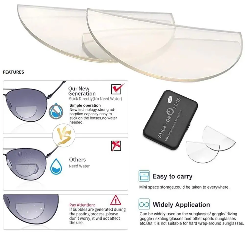 Gafas de lectura adhesivas, lentes bifocales de silicona líquida para presbicia, lentes bifocales de aumento + 100 a + 350, 2 uds.