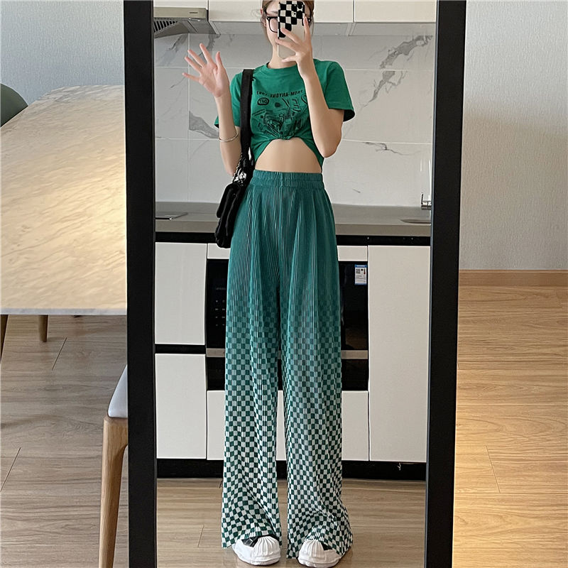 Frauen Mode Gradienten Plaid Print Lose Gerade Breite Bein Hosen Casual Sommer Oversize Komfortable Trend Hip Hop Kleidung