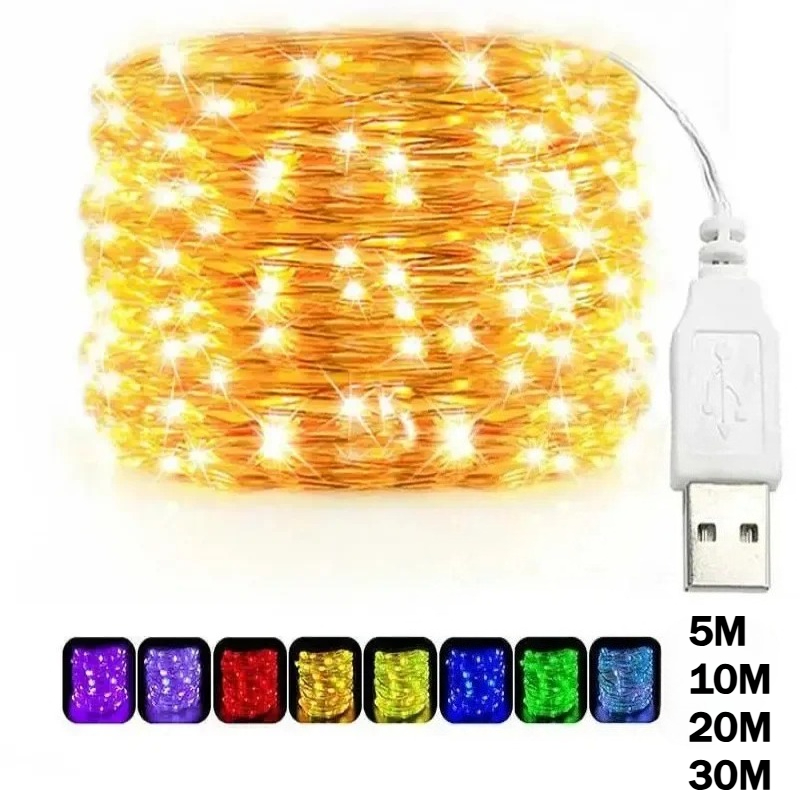 10/20/30M USB LED Lichterketten Kupfer Silber Draht Girlande Licht Wasserdicht Fairy Lichter Für Weihnachten hochzeit Party Dekoration