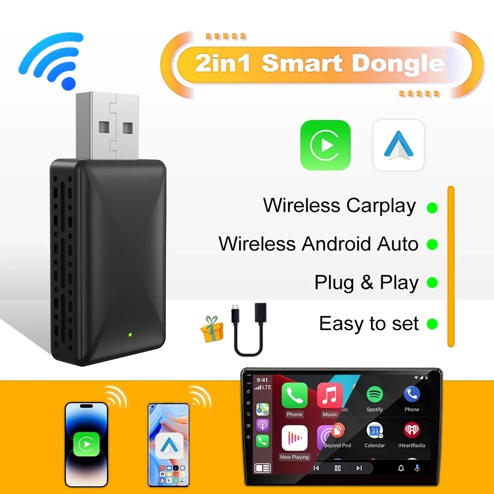 안드로이드 자동 무선 어댑터 2024 새로운 미니 2 in 1 박스 유선 AA CP 무선 WIFI 플러그 앤 플레이가 장착된 자동차용 Apple Carplay 동글
