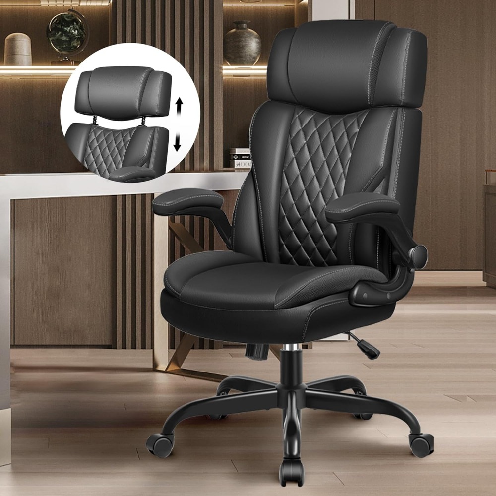 Office Chair Flip Up Arms, Executive Leather Office Chair Ergonomic Desk Chair with Lumbar Support, Adjustable Headrest, Compute